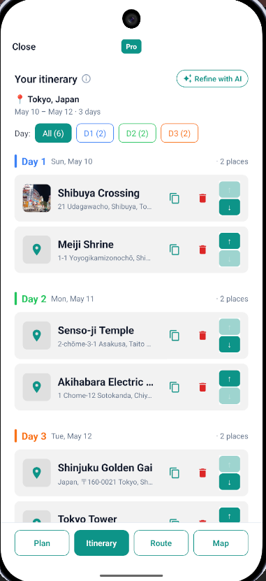 ReelTrip trip itinerary view